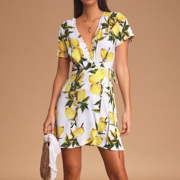 Lulus Lemon Print Short Sleeve True Wrap Dress - Picture 5 of 12